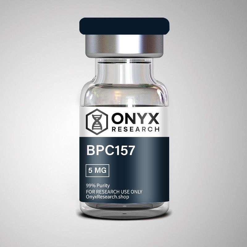 BPC-157 5mg research peptide vial containing lyophilized white powder in laboratory packaging
